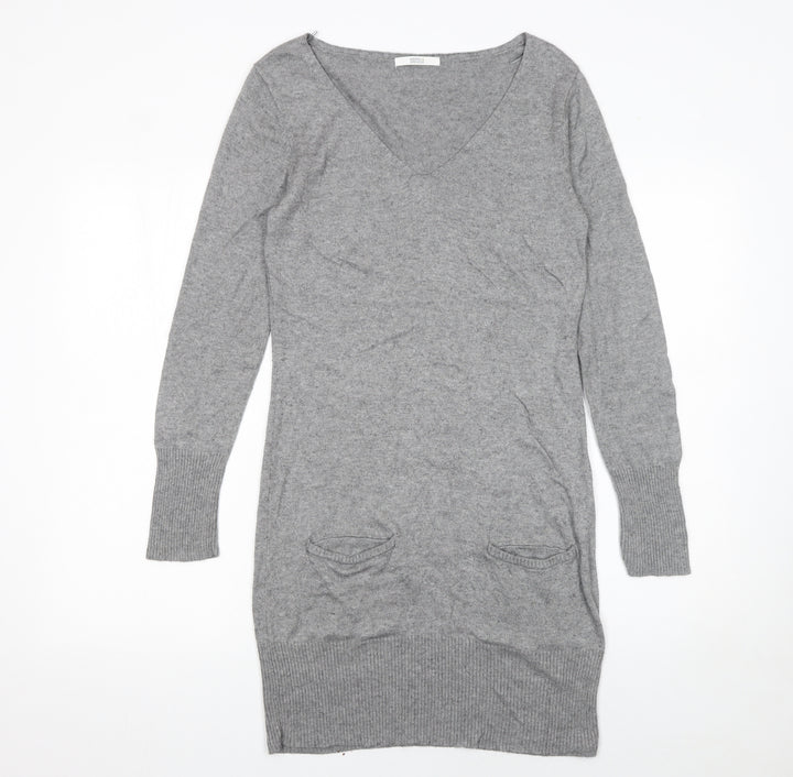 Marks and Spencer Women’s Grey Knit Jumper Dress Size 10 V-Neck Long Sleeve