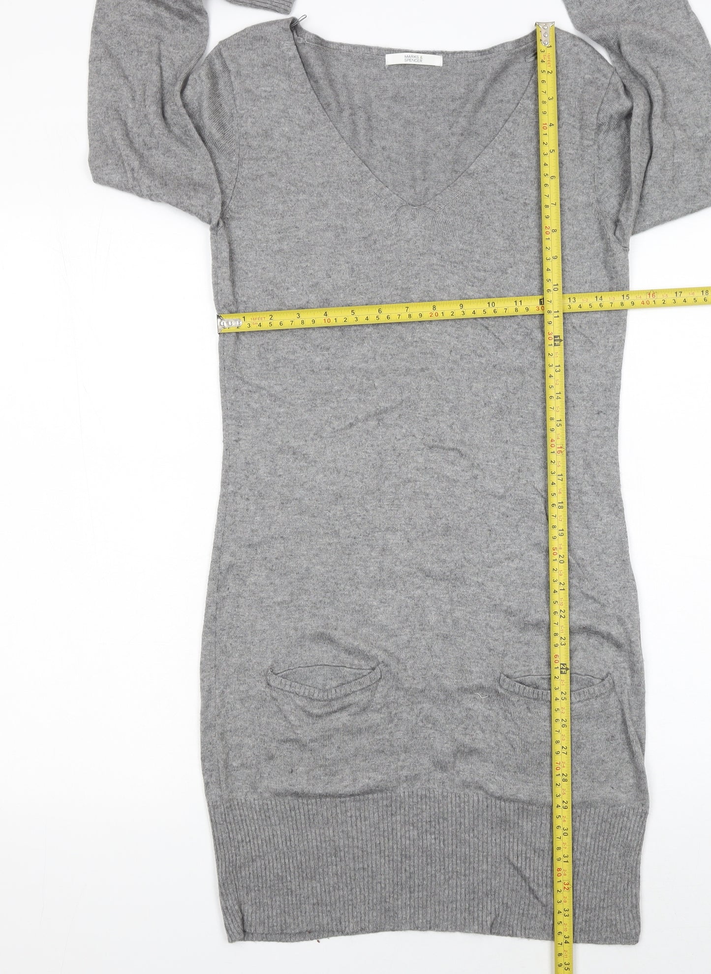 Marks and Spencer Women’s Grey Knit Jumper Dress Size 10 V-Neck Long Sleeve