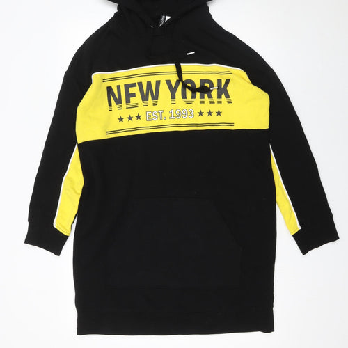 H&M Divided Women Black Yellow New York Hoodie Sweatshirt Dress Size 10