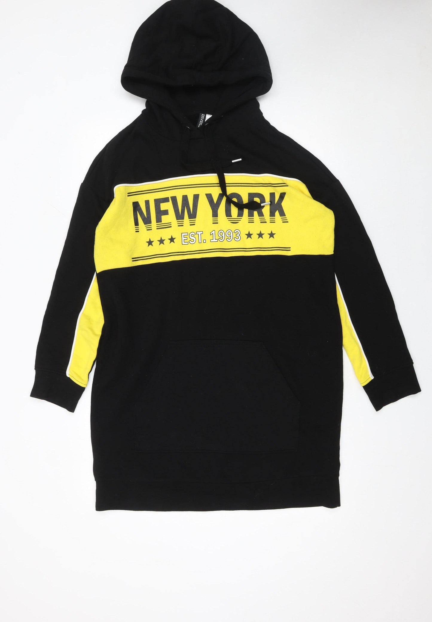 H&M Divided Women Black Yellow New York Hoodie Sweatshirt Dress Size 10