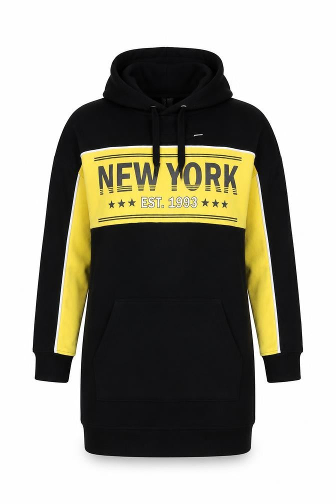 H&M Divided Women Black Yellow New York Hoodie Sweatshirt Dress Size 10