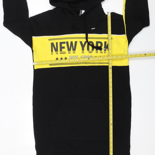H&M Divided Women Black Yellow New York Hoodie Sweatshirt Dress Size 10