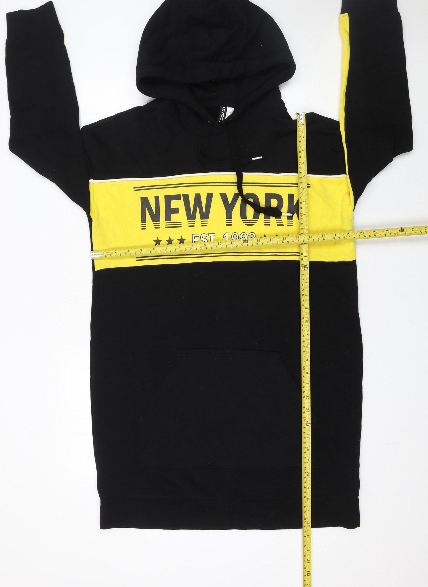H&M Divided Women Black Yellow New York Hoodie Sweatshirt Dress Size 10