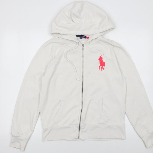 Ralph Lauren Women White Full Zip Hoodie L Cotton Blend Pink Logo