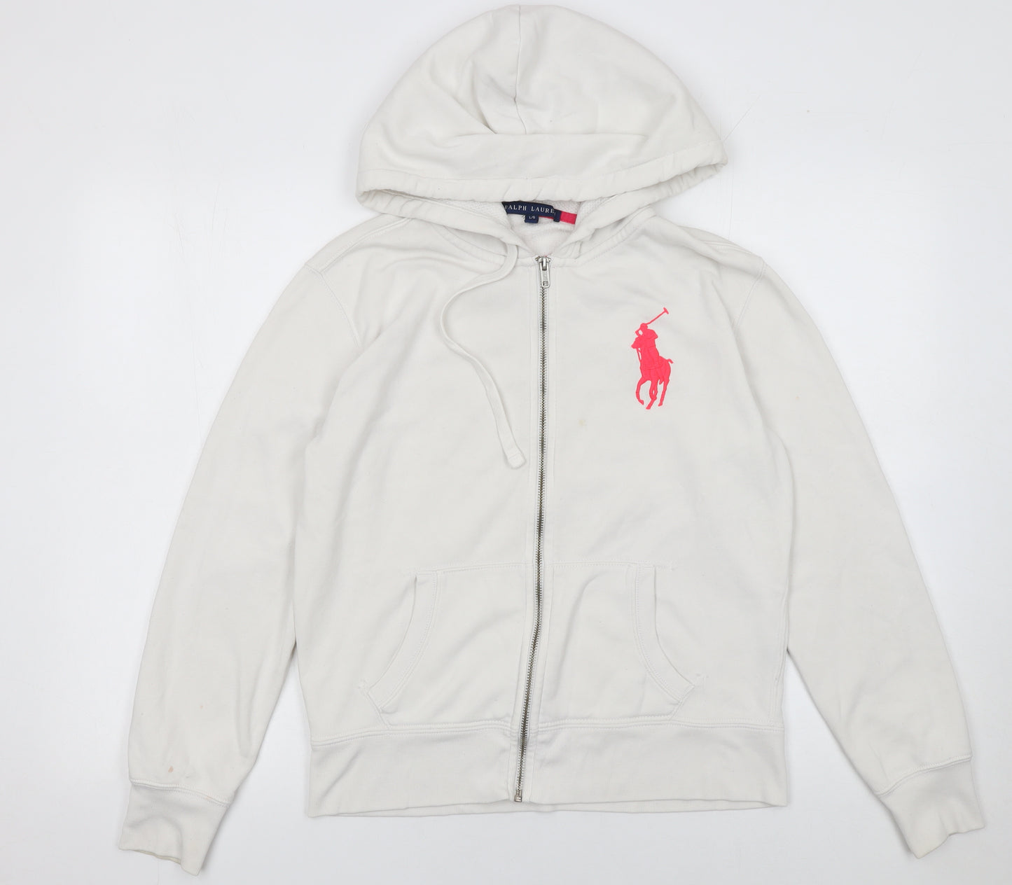 Ralph Lauren Women White Full Zip Hoodie L Cotton Blend Pink Logo