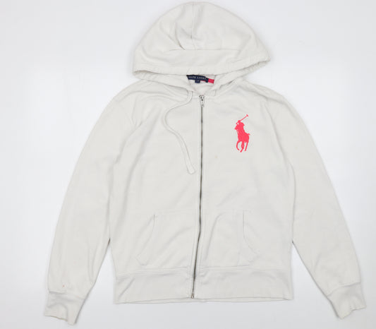 Ralph Lauren Women White Full Zip Hoodie L Cotton Blend Pink Logo
