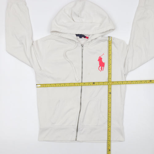 Ralph Lauren Women White Full Zip Hoodie L Cotton Blend Pink Logo