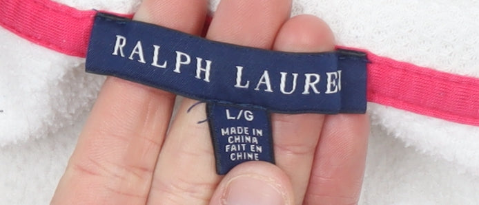 Ralph Lauren Women White Full Zip Hoodie L Cotton Blend Pink Logo