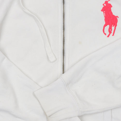 Ralph Lauren Women White Full Zip Hoodie L Cotton Blend Pink Logo