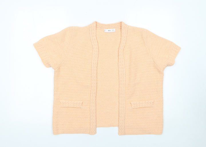 MNG Women's Beige Knit Short Sleeve Open Cardigan Size 14