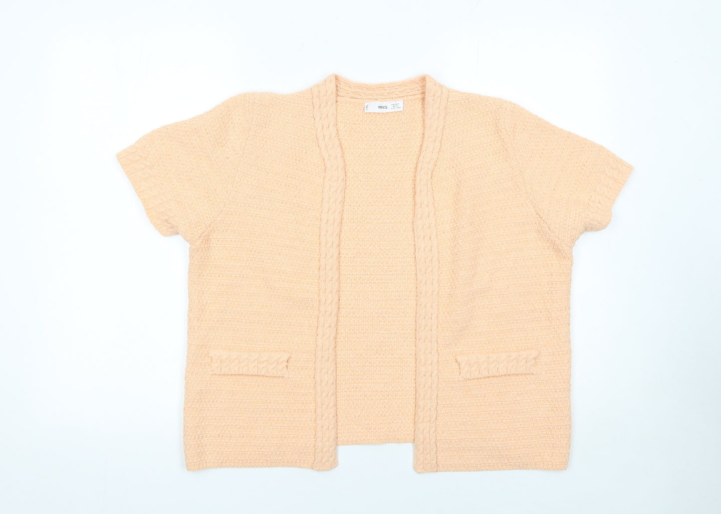 MNG Women's Beige Knit Short Sleeve Open Cardigan Size 14