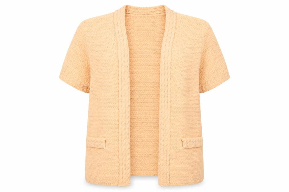 MNG Women's Beige Knit Short Sleeve Open Cardigan Size 14
