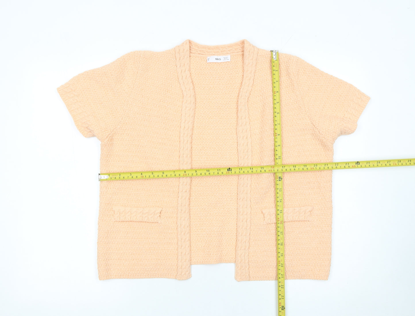 MNG Women's Beige Knit Short Sleeve Open Cardigan Size 14