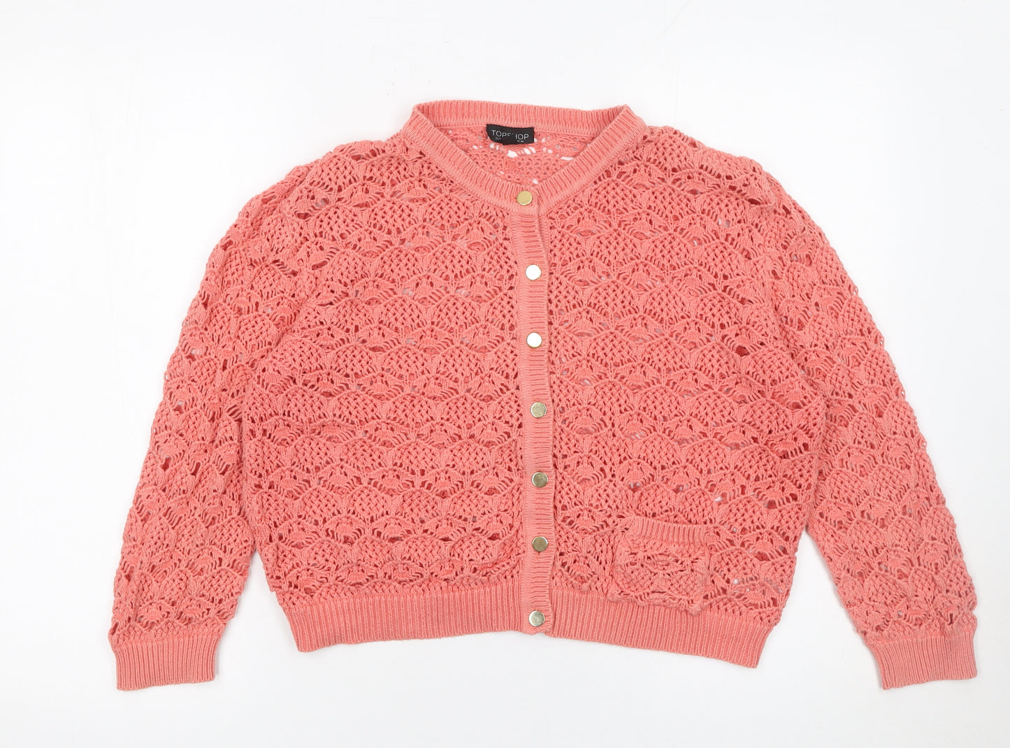 Topshop Women’s Pink Crochet Button Cardigan Size 14 Cotton Knit