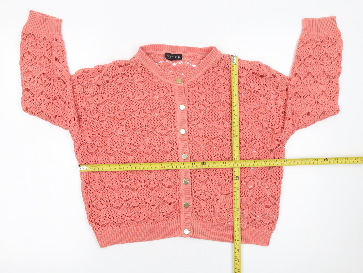 Topshop Women’s Pink Crochet Button Cardigan Size 14 Cotton Knit