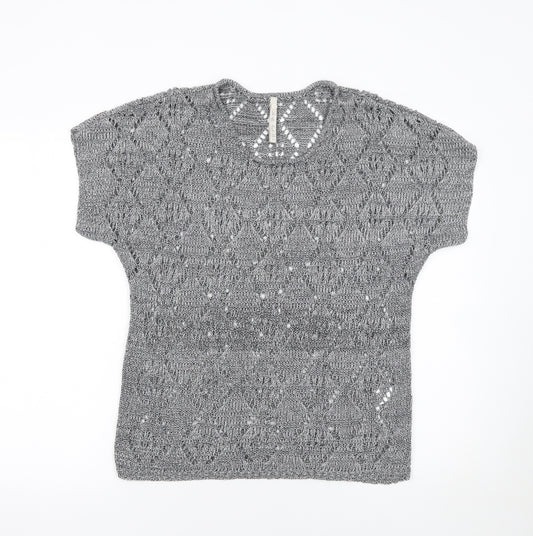 Leo & Nicole Women’s Grey Open-Knit Short Sleeve Pullover Jumper Size S
