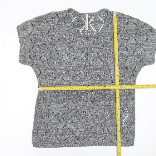 Leo & Nicole Women’s Grey Open-Knit Short Sleeve Pullover Jumper Size S
