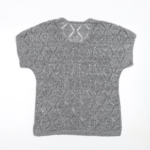 Leo & Nicole Women’s Grey Open-Knit Short Sleeve Pullover Jumper Size S