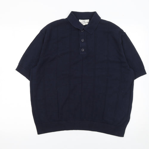 Marks and Spencer Men's Blue Cotton Short Sleeve Polo Shirt M