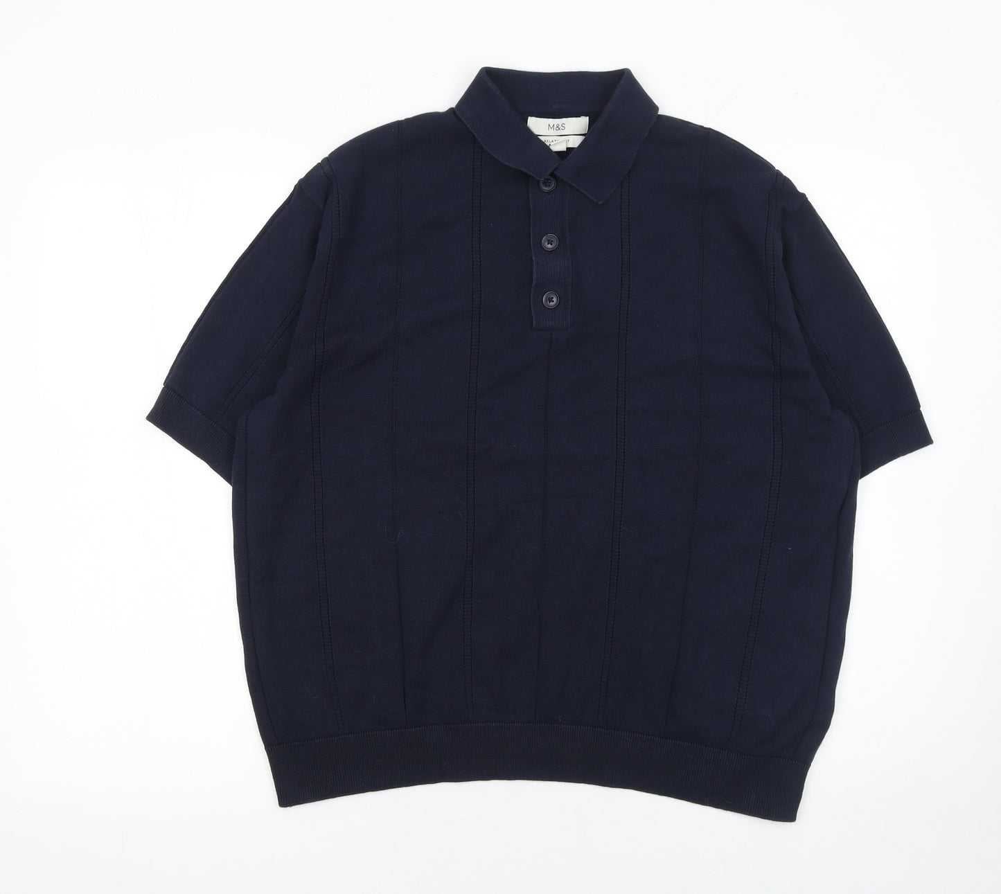 Marks and Spencer Men's Blue Cotton Short Sleeve Polo Shirt M