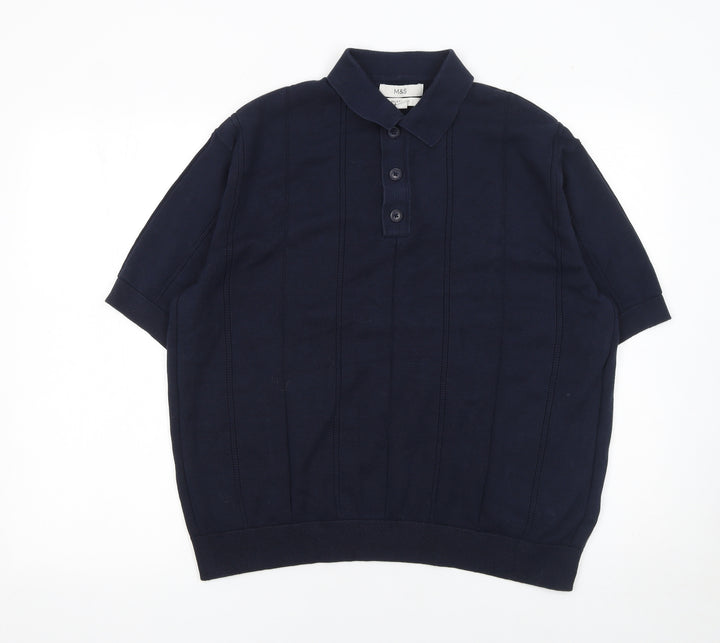 Marks and Spencer Men's Blue Cotton Short Sleeve Polo Shirt M
