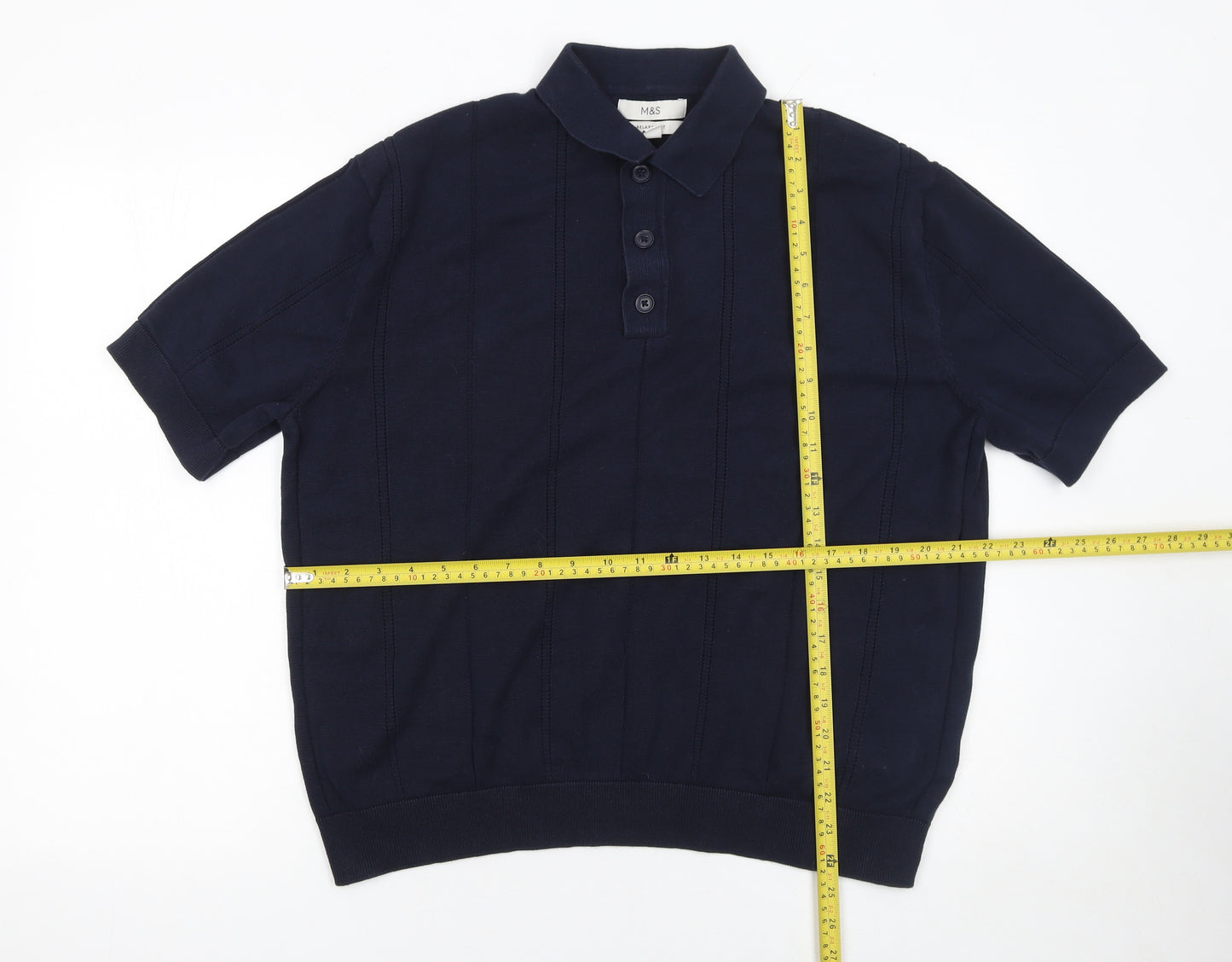 Marks and Spencer Men's Blue Cotton Short Sleeve Polo Shirt M