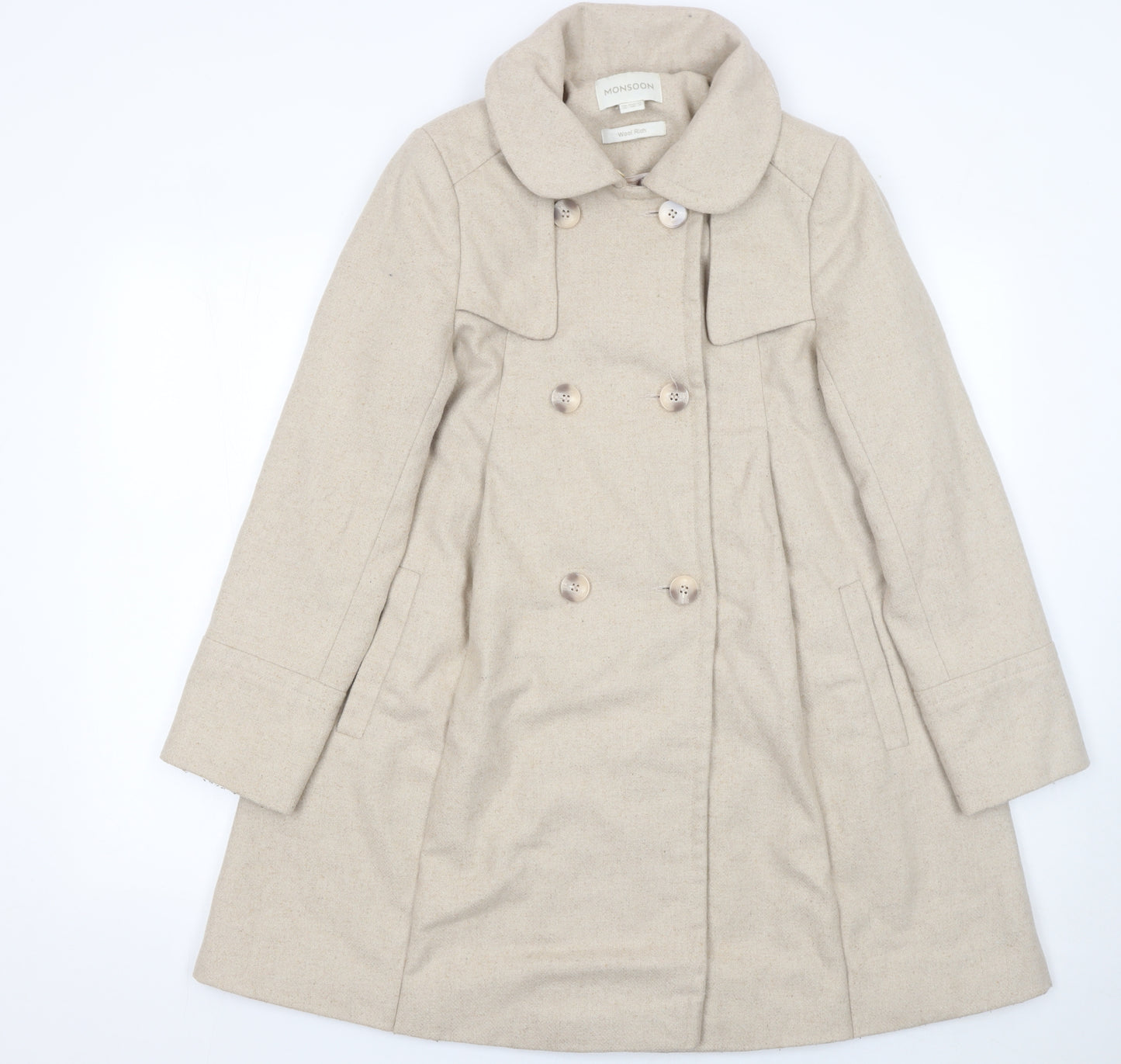 Monsoon Women's Beige Wool Blend Pea Coat Size 10 Mid-Length