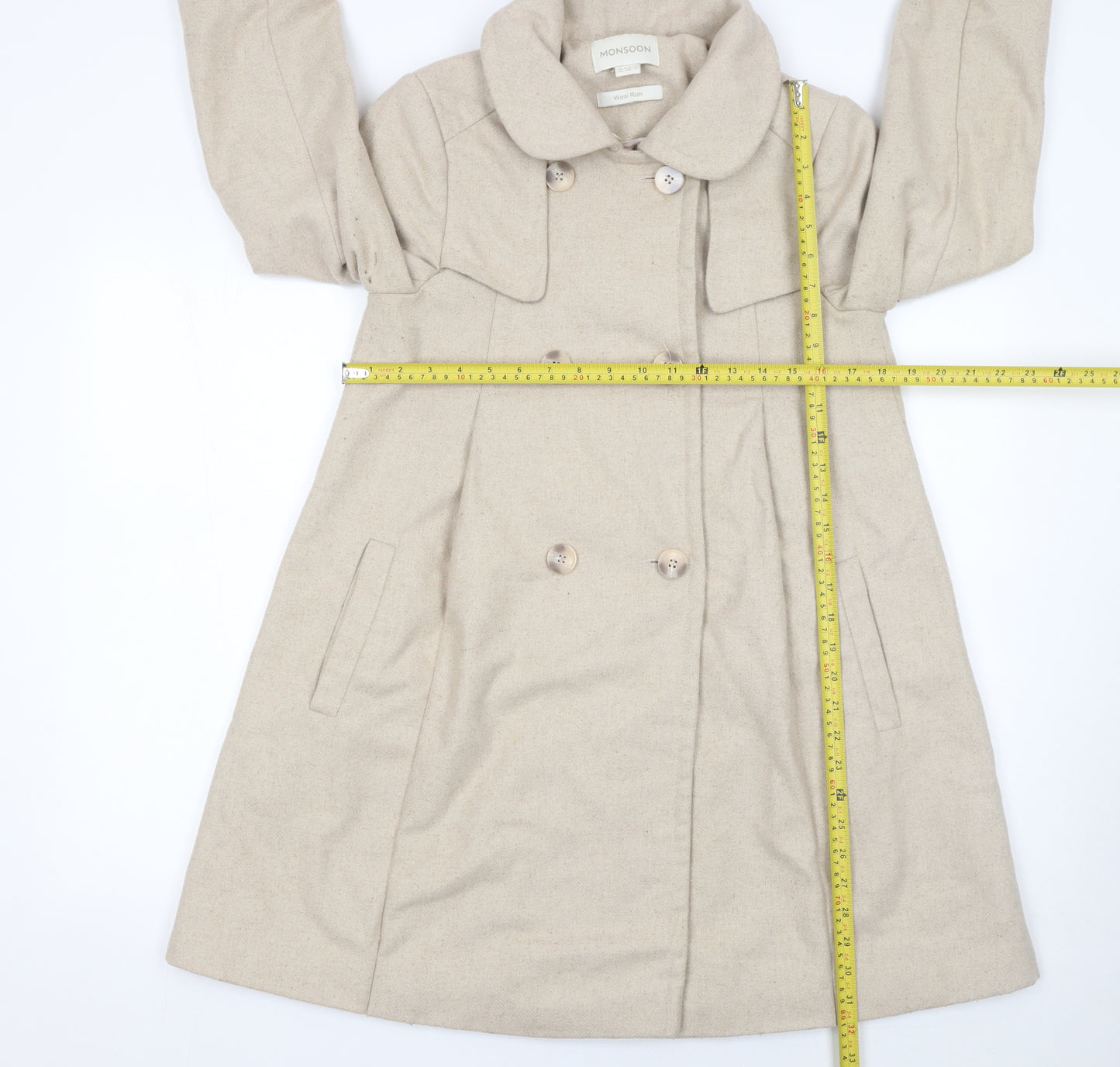 Monsoon Women's Beige Wool Blend Pea Coat Size 10 Mid-Length