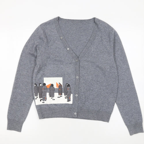 GMXY Girls Grey Cardigan Medium Knit V-Neck Graphic Buttoned Jumper