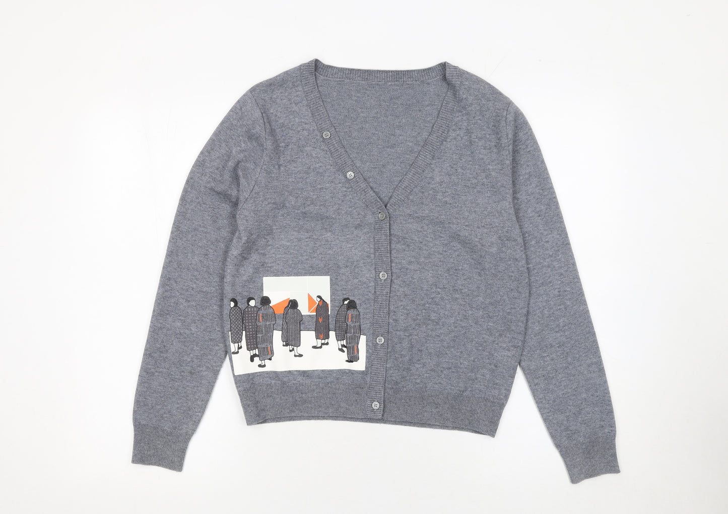 GMXY Girls Grey Cardigan Medium Knit V-Neck Graphic Buttoned Jumper