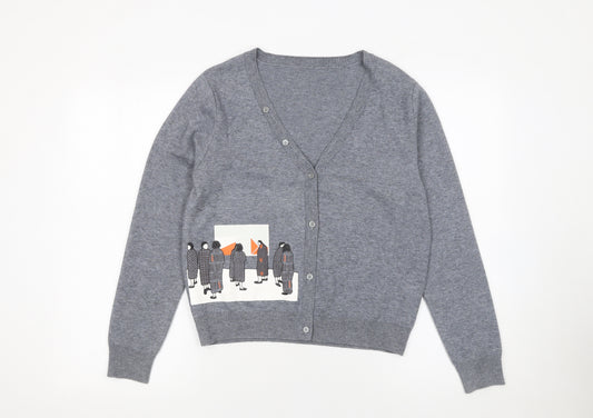 GMXY Girls Grey Cardigan Medium Knit V-Neck Graphic Buttoned Jumper