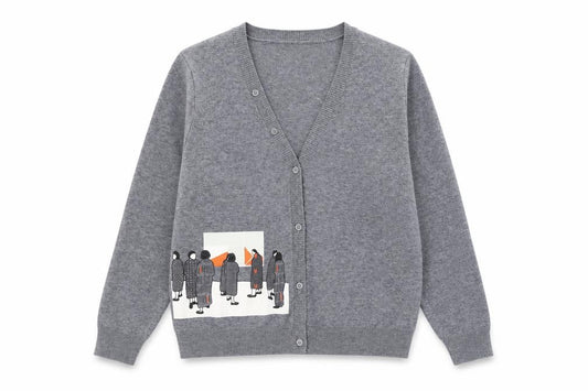 Front view of GMXY girls’ grey cardigan medium knit v-neck graphic buttoned jumper