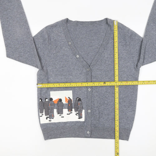 GMXY Girls Grey Cardigan Medium Knit V-Neck Graphic Buttoned Jumper