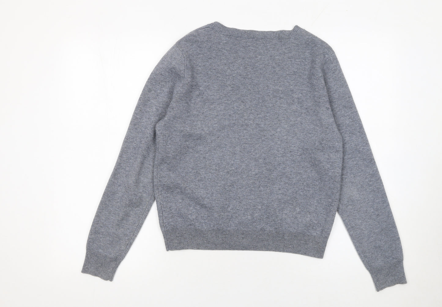 GMXY Girls Grey Cardigan Medium Knit V-Neck Graphic Buttoned Jumper