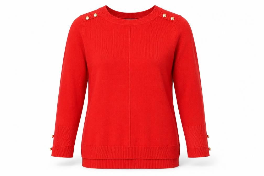 Front view of Primark Women’s Red Crew Neck Button Detail Jumper, size UK 10
