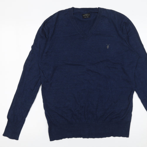 AllSaints Men’s Blue Cotton V-Neck Pullover Jumper Size L