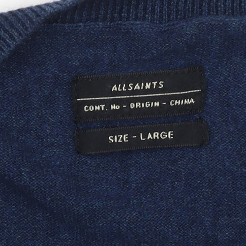 AllSaints Men’s Blue Cotton V-Neck Pullover Jumper Size L