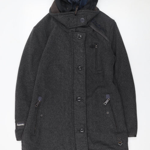 Superdry Men's Grey Wool Blend Hooded Overcoat Size L