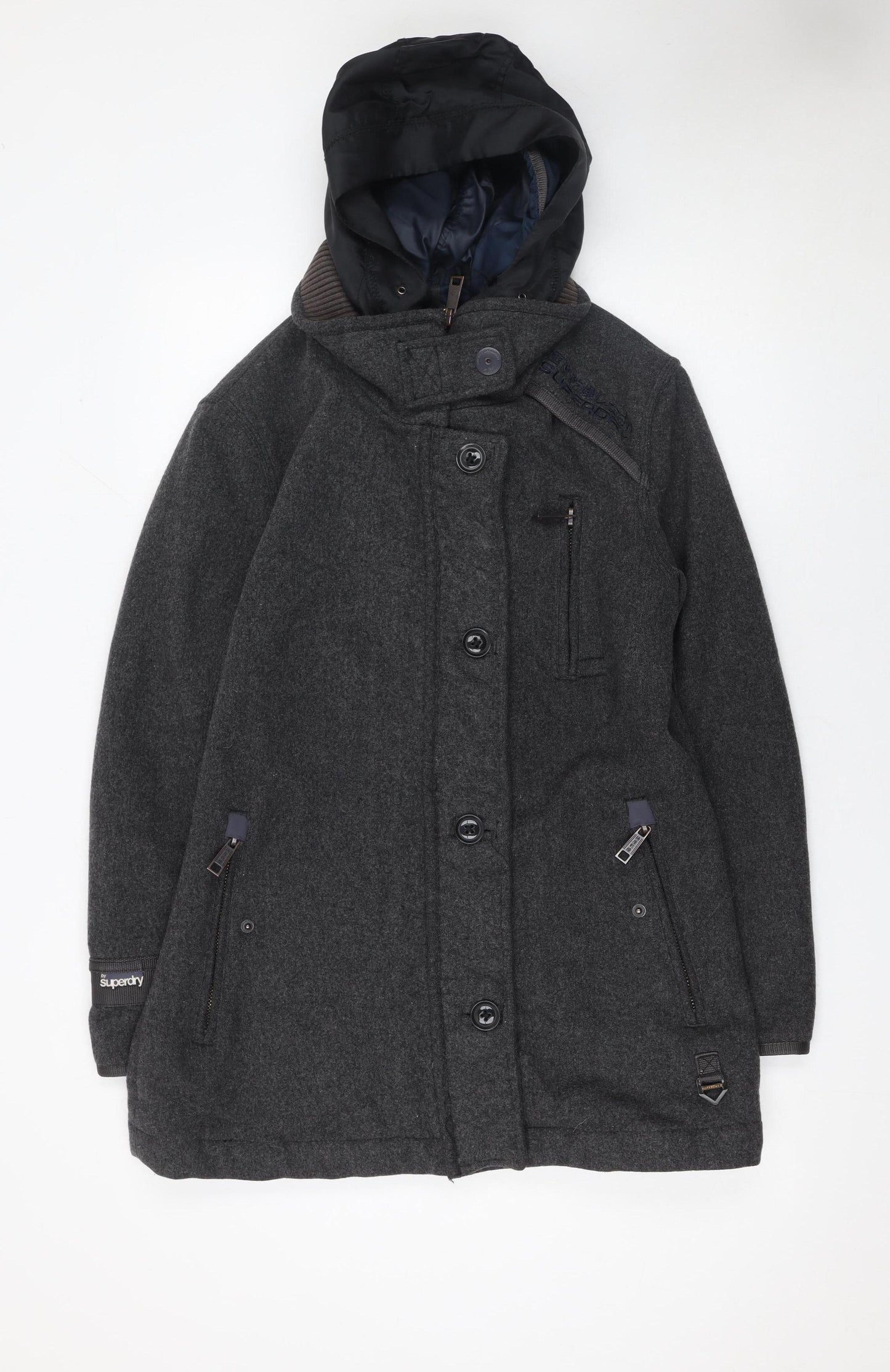 Superdry Men's Grey Wool Blend Hooded Overcoat Size L