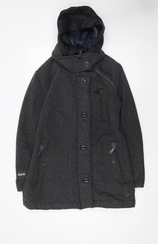 Superdry Men's Grey Wool Blend Hooded Overcoat Size L