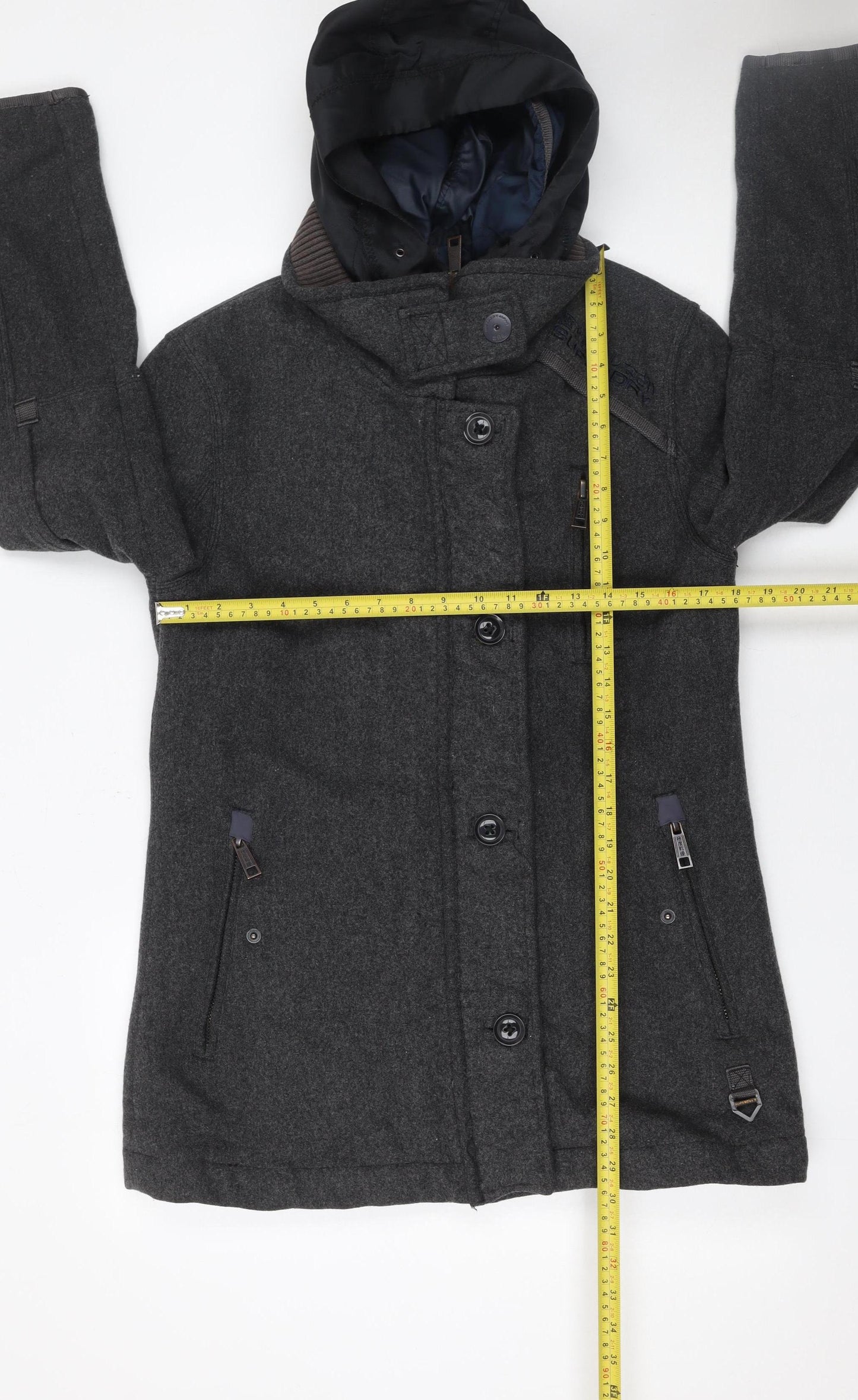 Superdry Men's Grey Wool Blend Hooded Overcoat Size L