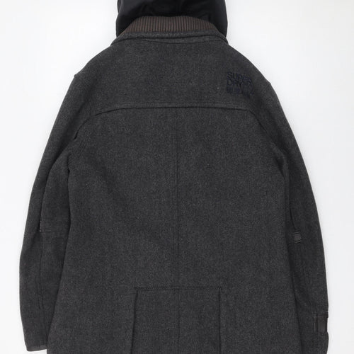 Superdry Men's Grey Wool Blend Hooded Overcoat Size L