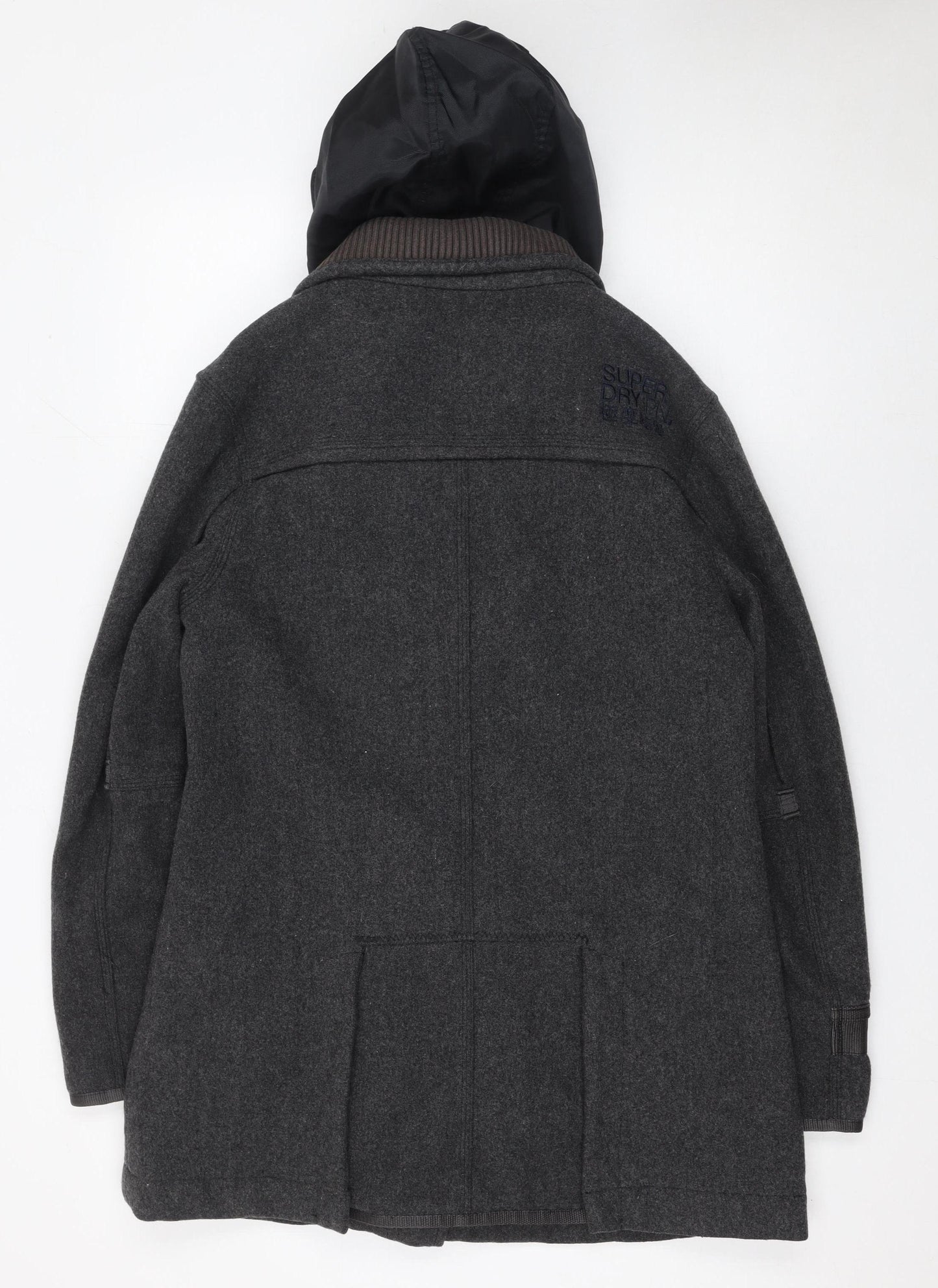 Superdry Men's Grey Wool Blend Hooded Overcoat Size L