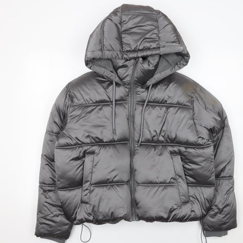 Zara Women Grey Cropped Puffer Jacket Hooded Size S