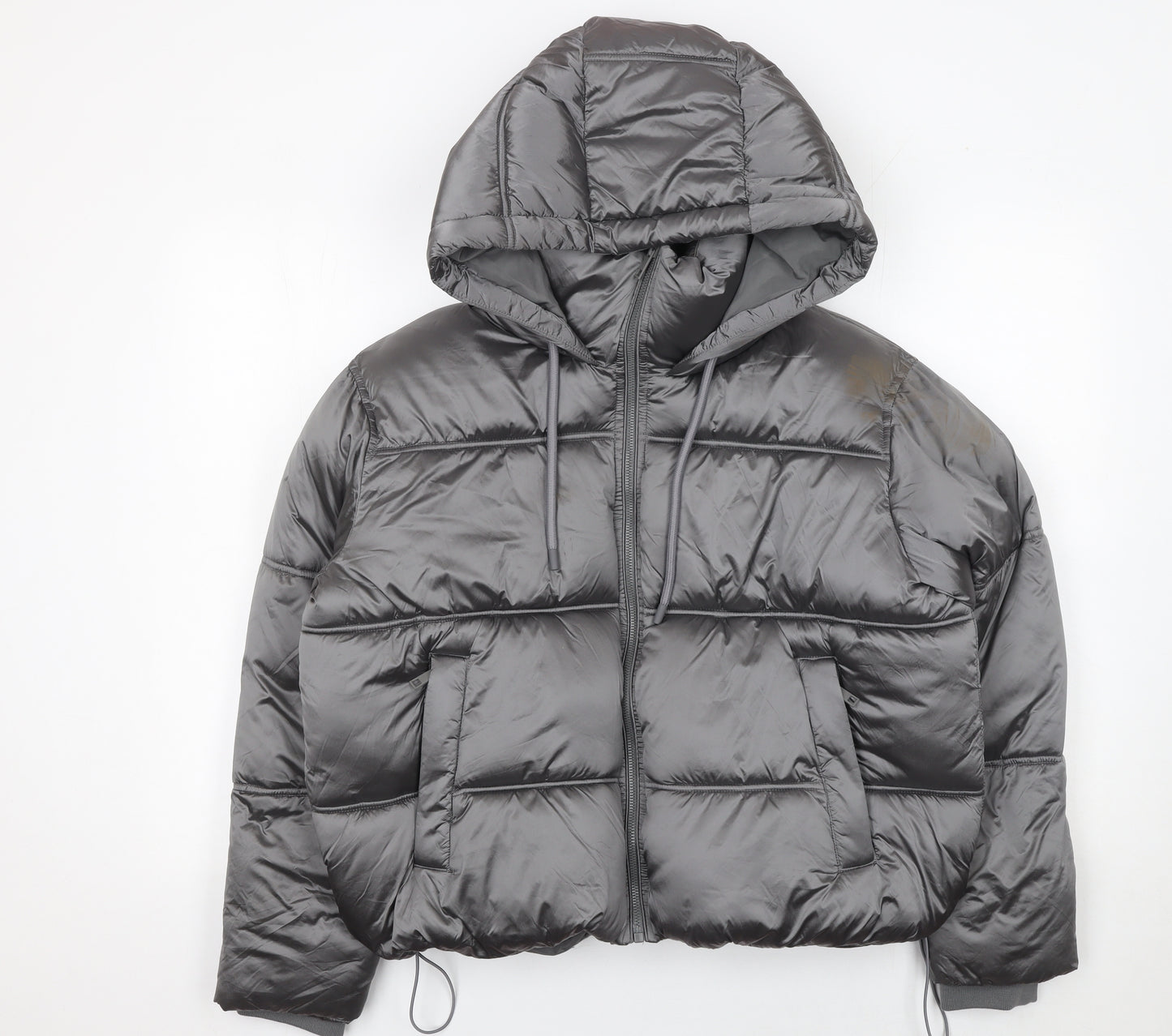 Zara Women Grey Cropped Puffer Jacket Hooded Size S