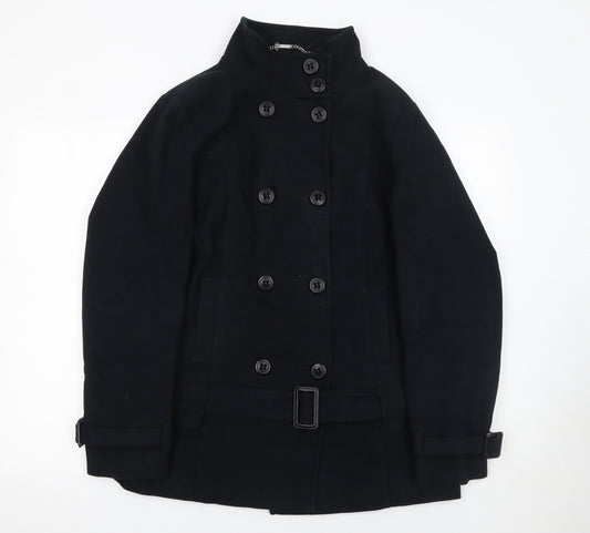 Next Women's Black Cotton Twill Pea Coat Size 14 Belted