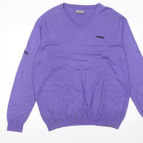 PING Men's Purple V-Neck Cotton Blend Golf Jumper L