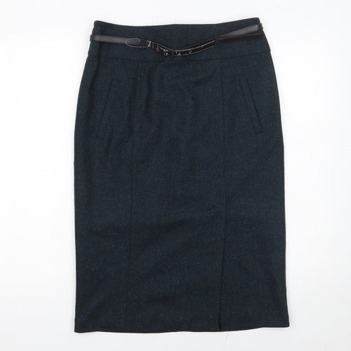 Marks and Spencer Women's Blue Tweed Pencil Skirt Size 10 Belted