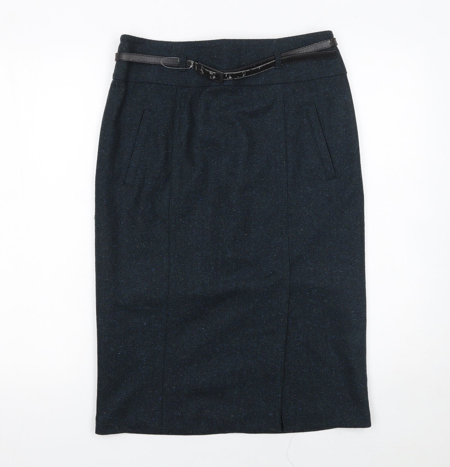 Marks and Spencer Women's Blue Tweed Pencil Skirt Size 10 Belted
