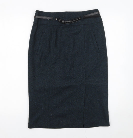 Marks and Spencer Women's Blue Tweed Pencil Skirt Size 10 Belted